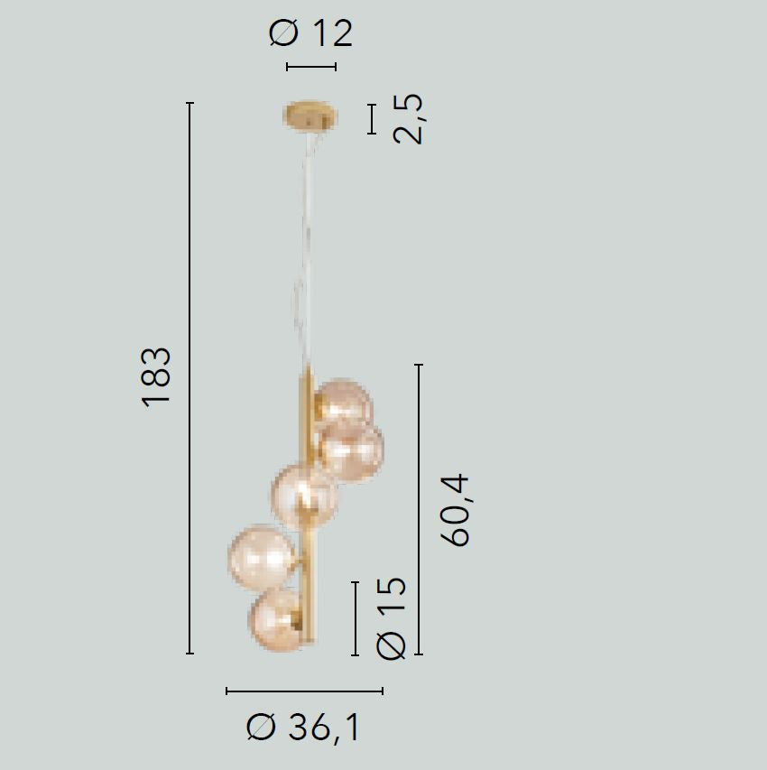 Sospensione 5 luci in metallo con sfere in vetro soffiato champagne o fumè 5XG9 non incl. MIELE Sospensione 5 luci in metallo con sfere in vetro soffiato champagne o fumè 5XG9 non incl. MIELE